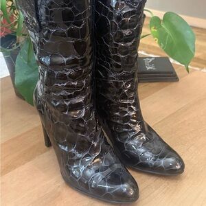 Stuart Weitzman Black Patent Croc-Embossed High Heel Boots